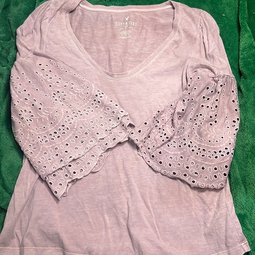 American Eagle Soft & Sexy shirt with floral embroidery on the sleeves